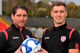 Derry City’s latest signing Republic of Ireland U21 goalkeeper Bran Maher with boss Ruaidhri Higgins. Picture by George Sweeney