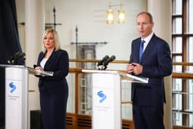 Taoiseach Micheál Martin and deputy First Minister Michelle O'Neill pictured back in 2020 at a press conference.  Photo by Kelvin Boyes / Press Eye.