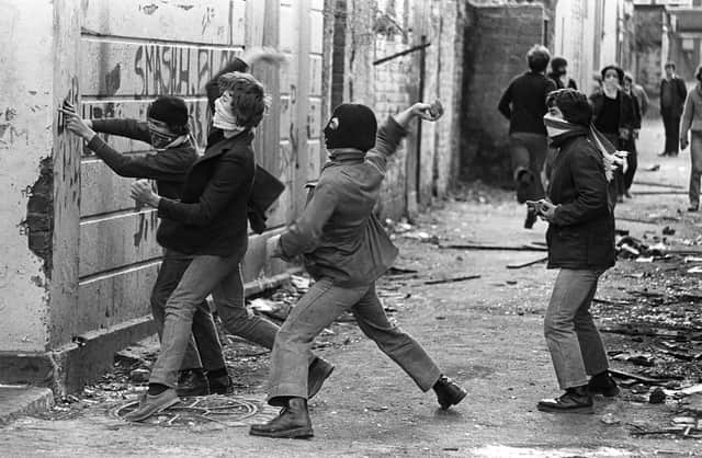 A fairly typical riot scene in Derry’s William Street in the late 1970s.