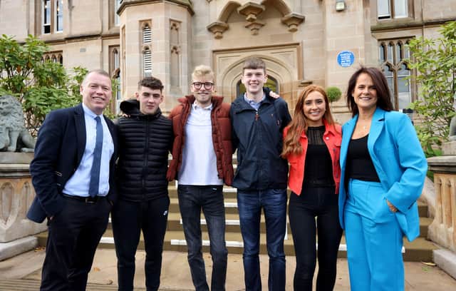 Dr Justin Quinn, of Ulster University’s CIDRA City Deal project, with MEGA Degree Apprenticeship students, James Donaghy, Sarah Millar, Conor Brattin, Sean Monan, and Maria Curran, Project Director, MEGA.