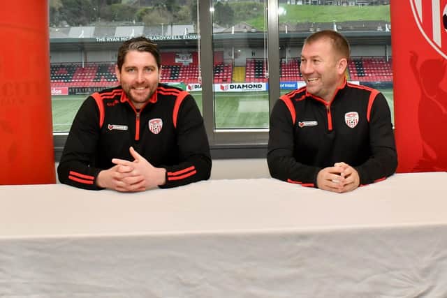 Derry City manager Ruaidhri Higgins shares a joke with his assistant Alan Reynolds, as today's press conference. Picture by Kevin Morrison/Event Images & Video