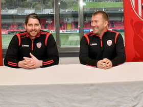 Derry City manager Ruaidhri Higgins shares a joke with his assistant Alan Reynolds, as today's press conference. Picture by Kevin Morrison/Event Images & Video