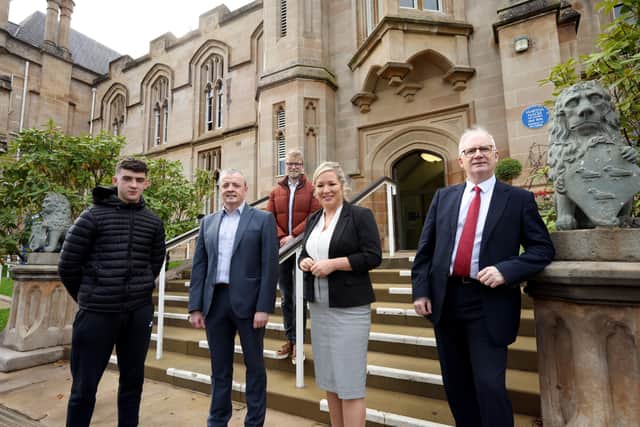 Pictured at the launch of the MEGA Degree Apprenticeship at Ulster University are, from left, James Donaghy, student apprentice, Darragh Cullen, Chair of MEGA, Sean Monan, student apprentice, Michelle O’Neill, Deputy First Minister, and Professor Brian Meenan, Executive Dean of the Faculty of Computing, Engineering and the Built Environment, Ulster University.