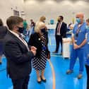 Robin Swann meeting local vaccination healthcare staff previously.