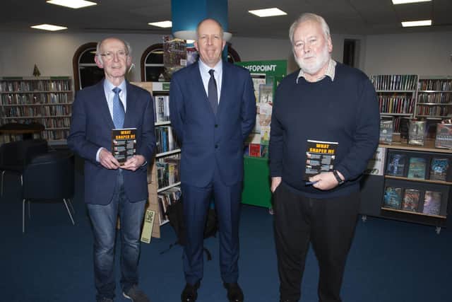 Authors Jude Collins and Pat McArt pictured with Garbhan Downey before the start of Thursday nightâ€TMs launch of â€ ̃What Shaped Me.â€TM