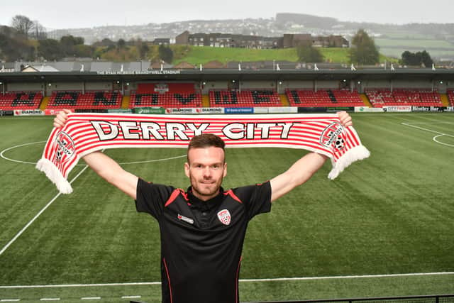Cameron Dummigan is unveiled as a Derry City player at Brandywell Stadium. Photograph by Kevin Morrison.