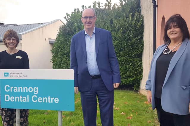 Western Trust Chief Executive Neil Guckian pictured with Grainne Quinn, Clinical Director and Deirdre Mahon, Director of Women & Children’s Services to officially open Crannog Dental Centre