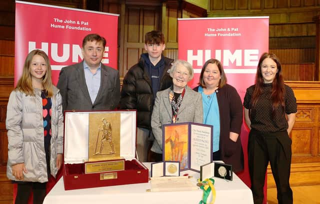 The Hume family pictured earlier this year with their late father’s peace prizes.