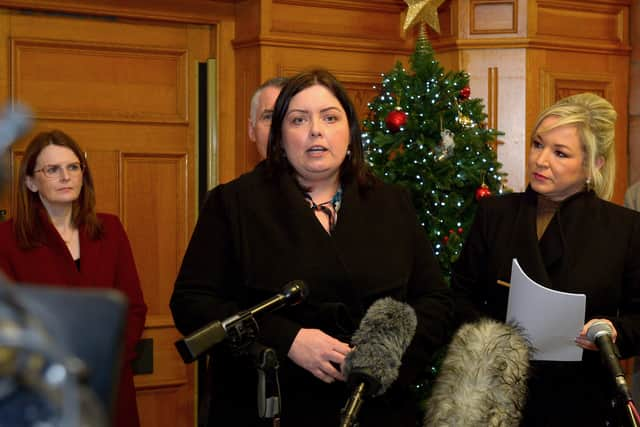 Communities Minister Deirdre Hargey speaking at a media briefing in the Guildhall, on Wednesday morning, during a Sinn Fein Ministerial visit to Derry for a series of meetings. Photo: George Sweeney.  DER2149GS – 022