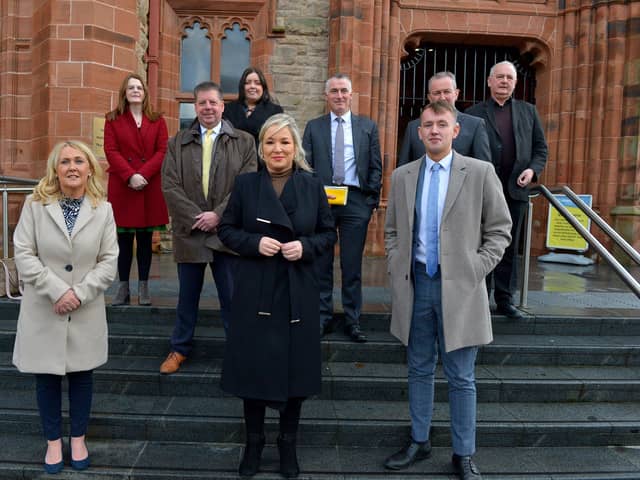 Deputy First Minister Michelle O’Neill pictured with Sinn Fein ministers , local MLAs and local councillors, outside the Guildhall on Wednesday morning, during a visit to Derry for a series of meetings. Included in the photograph are Ciara Ferguson MLA, Caoimhe Archibald MLA, Colr. Conor Heaney, Communities Minister Deirdre Hargey, Junior Minister Declan Kearney, Finance Minister Conor Murphy, Padraig Delargey MLA and Colr. Paul Fleming. Photo: George Sweeney.  DER2149GS – 026