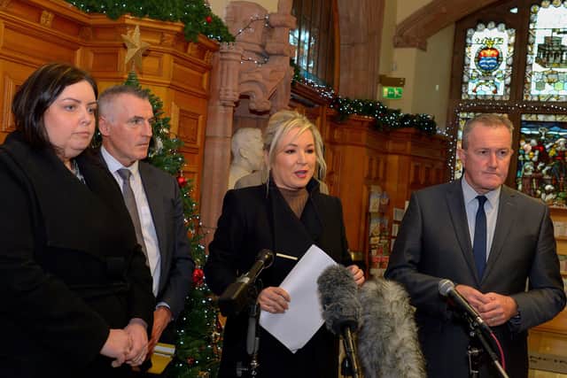 Deputy First Minister Michelle O’Neill speaking at a media briefing in the Guildhall, on Wednesday morning, during a visit to Derry for a series of meetings. Included in the photograph are Deirdre Hargey, Communities Minister, Declan Kearney, Junior Minister and Conor Murphy, Finance Minister. Photo: George Sweeney. DER2149GS – 020