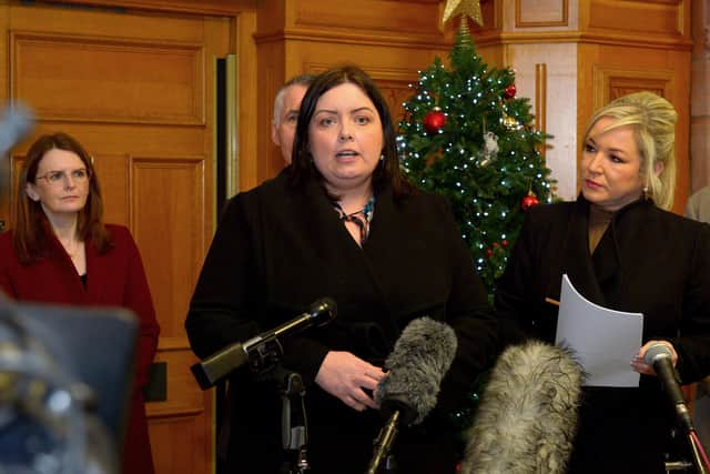 Communities Minister Deirdre Hargey speaking at a media briefing in the Guildhall, on Wednesday morning, during a Sinn Fein Ministerial visit to Derry for a series of meetings. Photo: George Sweeney.  DER2149GS – 022