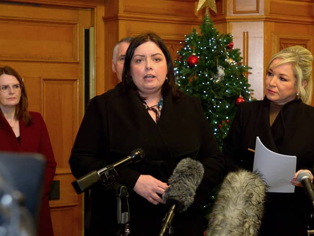 Communities Minister Deirdre Hargey speaking at a media briefing in the Guildhall, on Wednesday morning, during a Sinn Fein Ministerial visit to Derry for a series of meetings. Photo: George Sweeney.  DER2149GS – 022