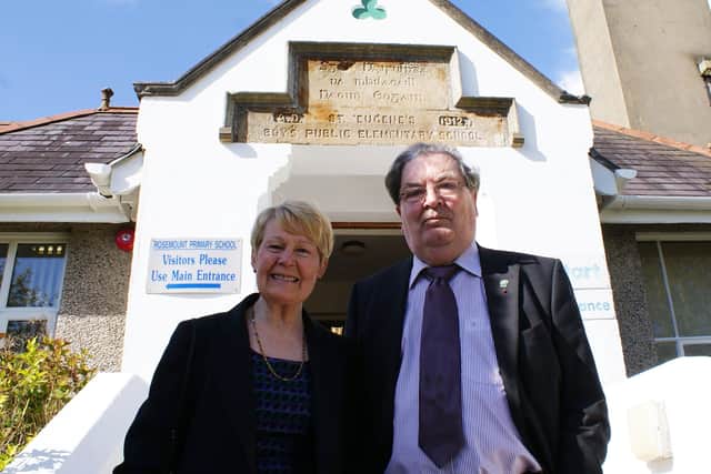 John and Pat Hume outside Rosemount Primary School in Derry in 2012.