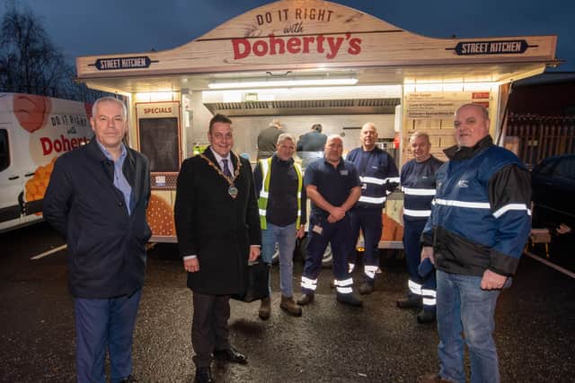 The Mayor Alderman Graham Warke who hosted a breakfast for the staff at the council's Skeoge depot pictured with John Kelpie, Chief Executive, Derry City and Srabane District Council and Conor Canning, Head of Environment with Derry City and Strabane District Council. Picture Martin McKeown. 09.12.21