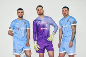 Derry City's new signings Michael Duffy and Patrick McEleney wearing the club's new away strip alongside goalkeeper Nathan Gartside.