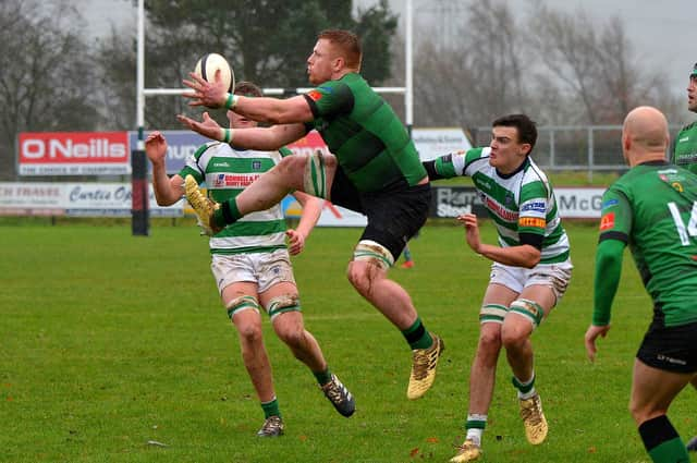 City of Derry's Stephen Corr in action against Omagh at Judge's Road today. (Photo: George Sweeney)