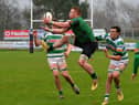 City of Derry's Stephen Corr in action against Omagh at Judge's Road today. (Photo: George Sweeney)