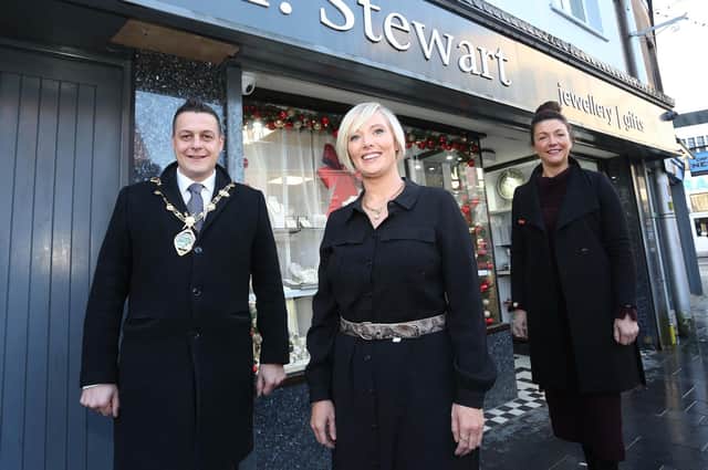 The Mayor, Graham Warke, with Tanya Cunningham of Stewart Jewellers and Business Development Officer with Derry City and Strabane District Council, Tara Nicholas.