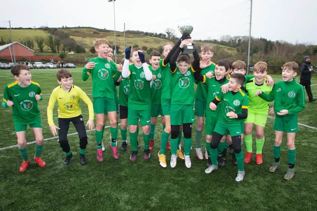 Foyle Harps celebrate victory in the inaugural Willie Curran Memorial Cup Under 12 final at the Vale Centre, Greysteel on Sunday after defeating Phoenix 3-2. (Photos: Jim McCafferty Photography)