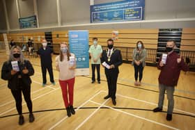 The Mayor of Derry City and Strabane District Council, Alderman Graham Warke pictured during a previous visit to the Covid Centre at the Foyle Arena with at front are Alana Caldwell, Ballymoney, Terri-Lee McDaid and Daniel Doherty, Derry, young people who received their vaccination. At back from left are Garrett Martin, Senior Nurse and Lead, Western Trust, Ryan McNutt, Support Services and Cara McLaughlin, Senior Manager, HR, Western Trust. (Photos: Jim McCafferty Photography)