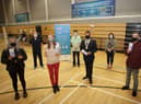 The Mayor of Derry City and Strabane District Council, Alderman Graham Warke pictured during a previous visit to the Covid Centre at the Foyle Arena with at front are Alana Caldwell, Ballymoney, Terri-Lee McDaid and Daniel Doherty, Derry, young people who received their vaccination. At back from left are Garrett Martin, Senior Nurse and Lead, Western Trust, Ryan McNutt, Support Services and Cara McLaughlin, Senior Manager, HR, Western Trust. (Photos: Jim McCafferty Photography)
