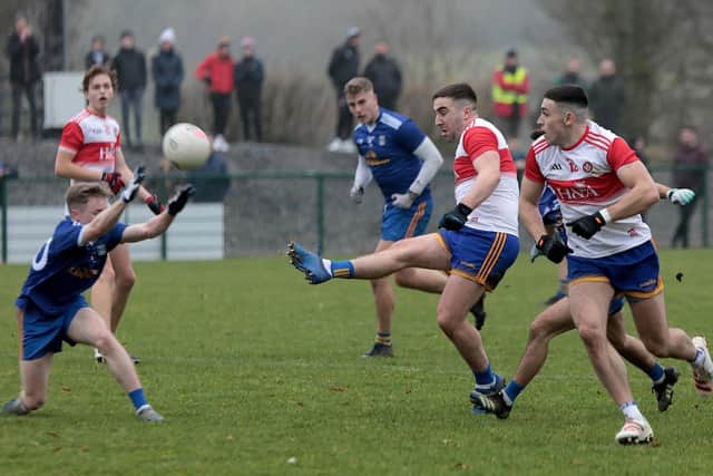 Steelstown’s Ryan Devine gets off a shot during the Ulster IFC semi-final against Butlersbrige played at Ederney on Saturday afternoon last. DER2151GS – 001
