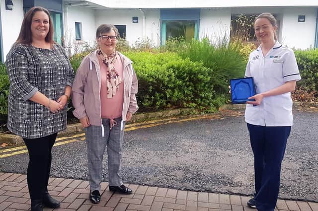 Kathleen O’Brien (patient) with her daughter Grainne pictured with Carmel Greene, Occupational Therapist who has received The Brain Charity Outstanding Healthcare Professional Award for 2021