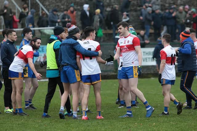 Steelstown players celebrate their Ulster IFC semi-final victory over Butlersbridge at Ederney on Saturday afternoon last. DER2151GS – 006