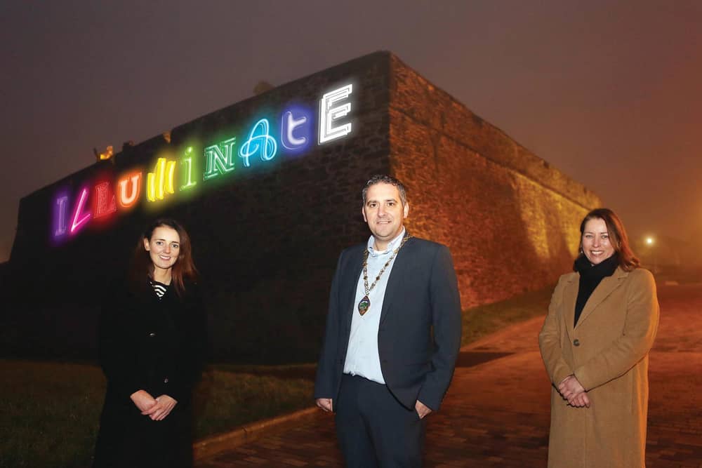 Deputy Mayor Councillor Christopher Jackson pictured at the launch of Illuminate – a light installation festival that will run over two weekends in February. Also included is Alison Leslie, Tourism NI, and Assumpta O’Neill, Visit Derry.
