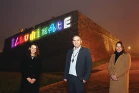 Deputy Mayor Councillor Christopher Jackson pictured at the launch of Illuminate – a light installation festival that will run over two weekends in February. Also included is Alison Leslie, Tourism NI, and Assumpta O’Neill, Visit Derry.