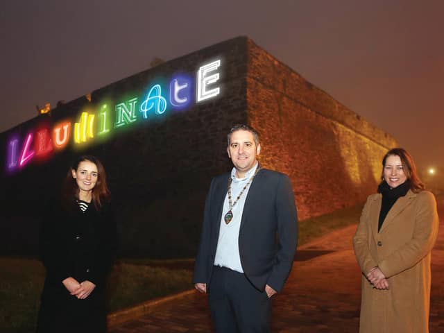 Deputy Mayor Councillor Christopher Jackson pictured at the launch of Illuminate – a light installation festival that will run over two weekends in February. Also included is Alison Leslie, Tourism NI, and Assumpta O’Neill, Visit Derry.