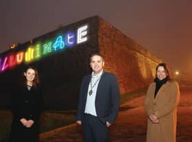 Deputy Mayor Councillor Christopher Jackson pictured at the launch of Illuminate – a light installation festival that will run over two weekends in February. Also included is Alison Leslie, Tourism NI, and Assumpta O’Neill, Visit Derry.