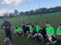 Neil Forester, Community Outreach Officer at City of Derry RFC, talks to the St. Joseph’s Boys’ team at the Year 8 blitz in November, part of the highly successful cross community programme bringing rugby into local schools.