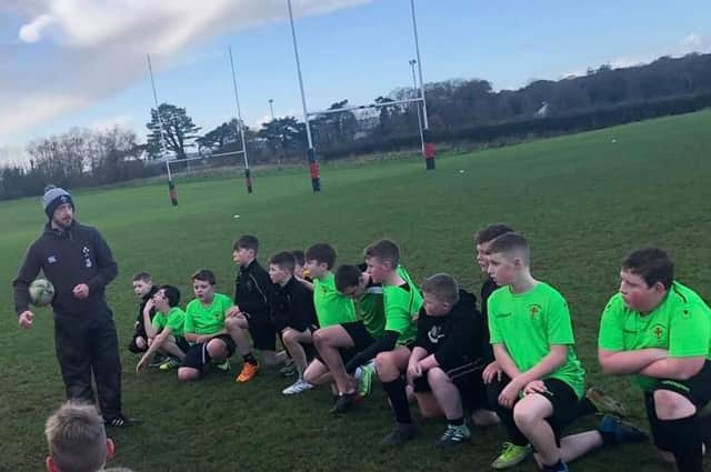 Neil Forester, Community Outreach Officer at City of Derry RFC, talks to the St. Joseph’s Boys’ team at the Year 8 blitz in November, part of the highly successful cross community programme bringing rugby into local schools.