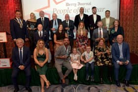 Derry Journal People of the Year Awards winners pictured with the May of Derry and Strabane Alderman Graham Warke, Adrian Logan, compere for the evening and Paul McLean from Principal Sponsor BetMcLean . Photo: George Sweeney.  DER2139GS – 063