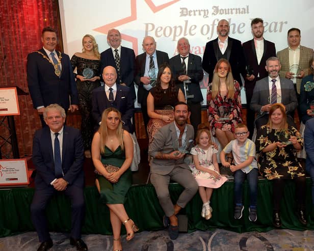 Derry Journal People of the Year Awards winners pictured with the May of Derry and Strabane Alderman Graham Warke, Adrian Logan, compere for the evening and Paul McLean from Principal Sponsor BetMcLean . Photo: George Sweeney.  DER2139GS – 063