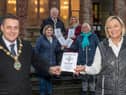Mayor Graham Warke with representatives of Feis Dhoire CholmCille,  Betty Gallagher, Pat MacCafferty, Christine Mc Ivor, Ursula Clifford and Aisling Bonner  launching the Centenary programme.