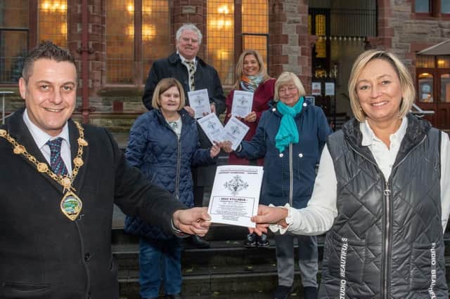 Mayor Graham Warke with representatives of Feis Dhoire CholmCille,  Betty Gallagher, Pat MacCafferty, Christine Mc Ivor, Ursula Clifford and Aisling Bonner  launching the Centenary programme.