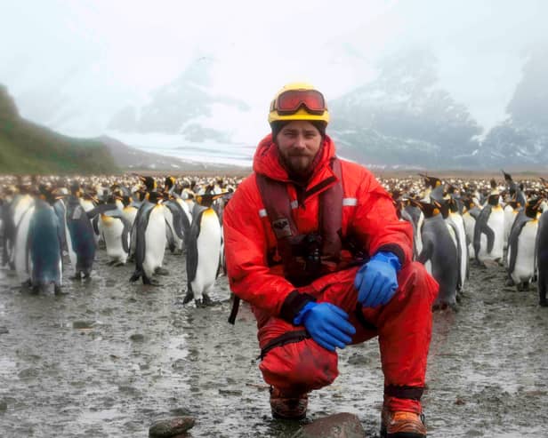 Matt Neill surrounded by some Antarctic friends.