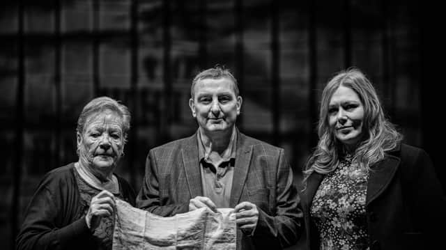 Liam Campbell with Jackie Duddy’s sister Kay and niece JulieAnn Campbell at the launch of the White Handkerchief at The Playhouse back in November.
