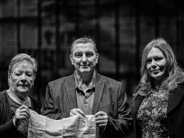 Liam Campbell with Jackie Duddy’s sister Kay and niece JulieAnn Campbell at the launch of the White Handkerchief at The Playhouse back in November.