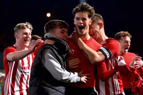 Derry City youngster Michael Harris celebrates scoring the winning penalty in their EA Sports Enda McGuill Cup Final shoot-out success over Bohemians.