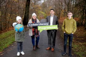Pictured l-r are Fionnuala Gormley, Niamh Ni Cana, Environmental Education Coordinator and Scott Howes, Strategic Lead, Climate Action at Keep Northern Ireland Beautiful, and Gabriel Gormley (Picture by Philip Magowan / PressEye)