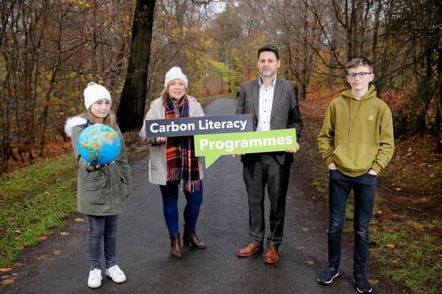 Pictured l-r are Fionnuala Gormley, Niamh Ni Cana, Environmental Education Coordinator and Scott Howes, Strategic Lead, Climate Action at Keep Northern Ireland Beautiful, and Gabriel Gormley (Picture by Philip Magowan / PressEye)