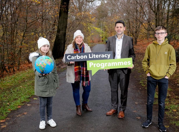 Pictured l-r are Fionnuala Gormley, Niamh Ni Cana, Environmental Education Coordinator and Scott Howes, Strategic Lead, Climate Action at Keep Northern Ireland Beautiful, and Gabriel Gormley (Picture by Philip Magowan / PressEye)