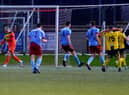 Institute goalkeeper John Connolly punches the air as he celebrates keeping out Newry City’s Daniel Hughes’ second half penalty. Picture by George Sweeney