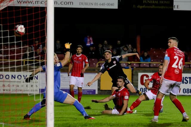 Derry City's Ronan Boyce fires home a late winner at Sligo Rovers, last season. Picture by Kevin Moore/MCI