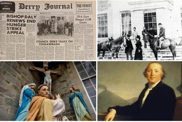 Clockwise from top left: An old Derry Journal from the 1980s, former residents of Boom Hall, Earl Bishop Hervey and St Columba's Long Tower Church.