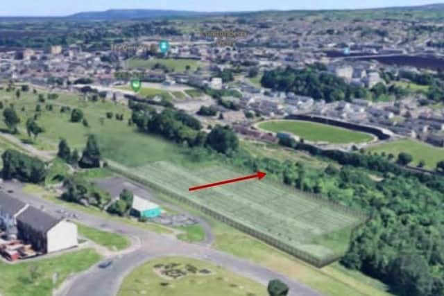 An indicative image of what the proposed cemetery extension area in lands below Kildrum Gardens will look like. The redline (added by officers for clarity) shows the direction of fall across the site.
